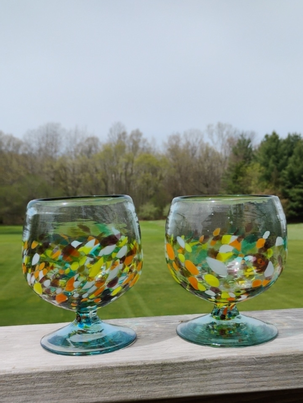 Handblown Mexican Confetti Brandy Snifter Goblet Glassware Set A